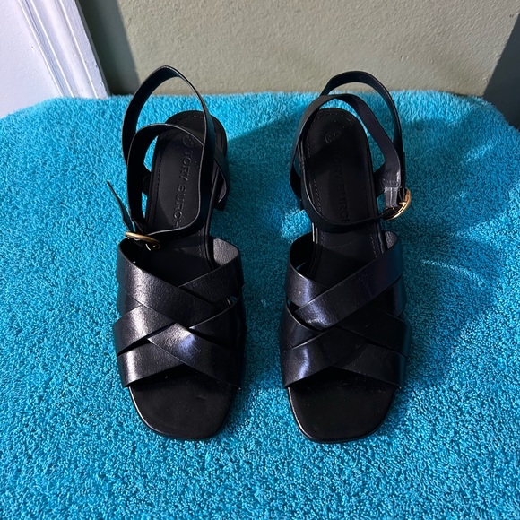 Tory Burch Black Strappy Block heel Sandals with Gold Buckle - Picture 1 of 11